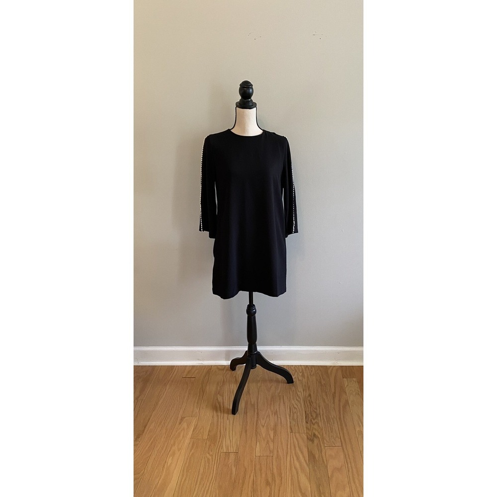 Vici Austere Pocketed Black Shift Mini Dress Pom Sleeved Women's size Large